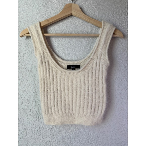 Lulus Tops - Lulus Cream Fuzzy Ribbed Knit Scoop Neck Cropped Tank Top Small Ivory Sleeveless